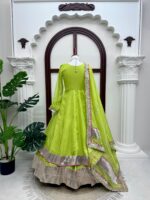 Parrot Color Tabby Organza Silk Fabric Real Mirror Hand Work Lehenga Anarkali Suit