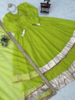 Parrot Color Tabby Organza Silk Fabric Real Mirror Hand Work Lehenga Anarkali Suit