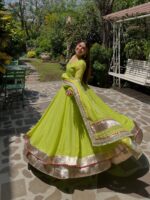 Parrot Color Tabby Organza Silk Fabric Real Mirror Hand Work Lehenga Anarkali Suit