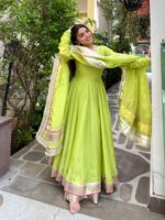 Parrot Color Tabby Organza Silk Fabric Real Mirror Hand Work Lehenga Anarkali Suit