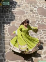 Parrot Color Tabby Organza Silk Fabric Real Mirror Hand Work Lehenga Anarkali Suit