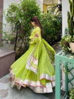 Parrot Color Tabby Organza Silk Fabric Real Mirror Hand Work Lehenga Anarkali Suit