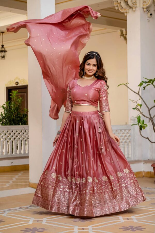 Peach Color Gold Crush Fabric Embroidery Work Lehenga