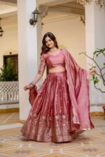 Peach Color Gold Crush Fabric Embroidery Work Lehenga