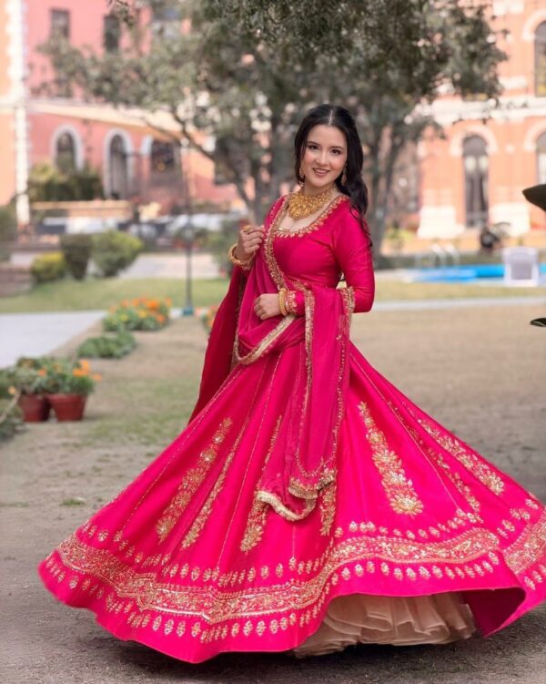 Pink Color Chinon Fabric Thread With Sequence Work Lehenga