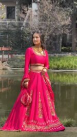 Pink Color Chinon Fabric Thread With Sequence Work Lehenga