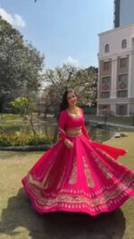 Pink Color Chinon Fabric Thread With Sequence Work Lehenga
