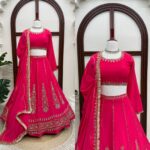 Pink Color Chinon Fabric Thread With Sequence Work Lehenga