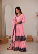 Pink Color Faux Georgette Fabric Thread Work Palazzo Suit