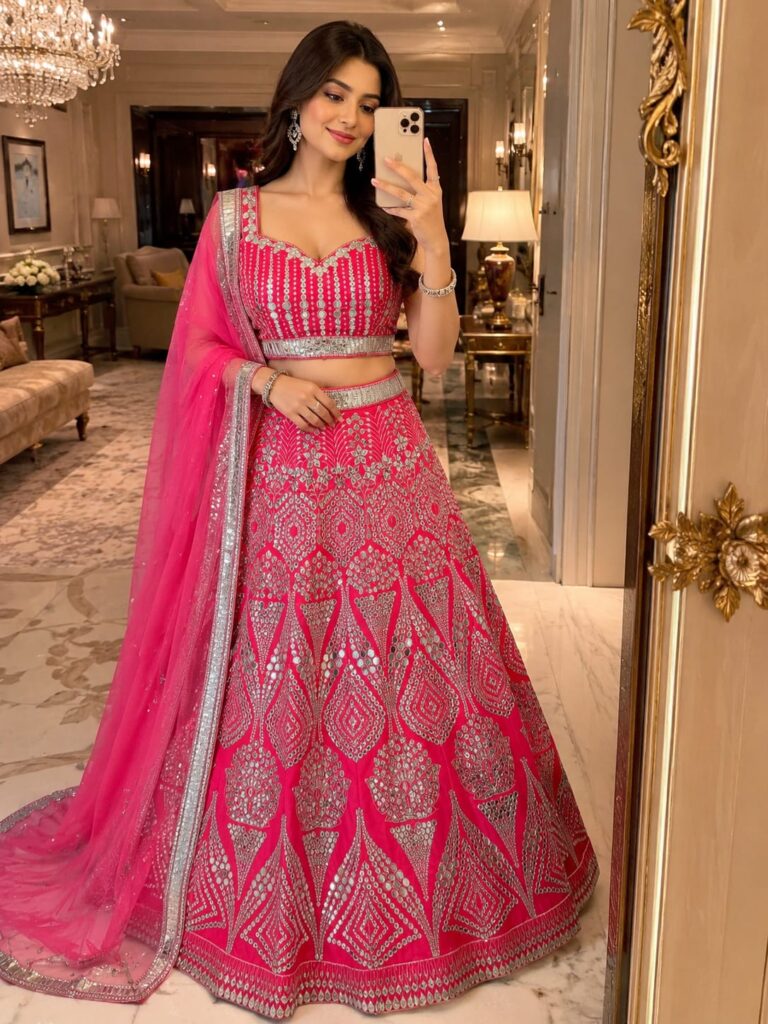 Pink Color Malai Satin Fabric Sequence With Real Mirror Work Lehenga