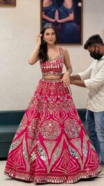 Pink Color Malai Satin Fabric Sequence With Real Mirror Work Lehenga