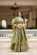 Pista Color Gold Crush Fabric Embroidery Work Lehenga