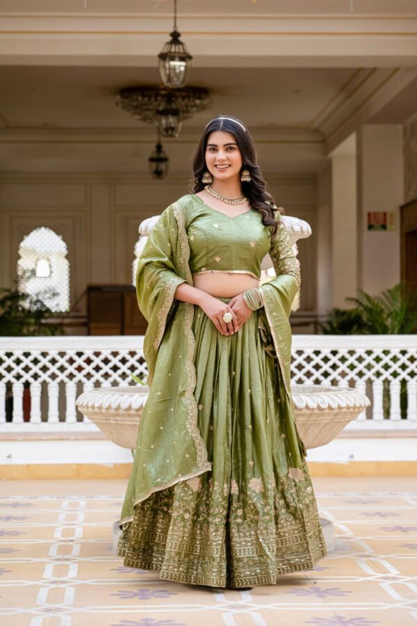 Pista Color Gold Crush Fabric Embroidery Work Lehenga