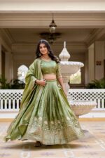 Pista Color Gold Crush Fabric Embroidery Work Lehenga