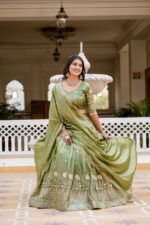 Pista Color Gold Crush Fabric Embroidery Work Lehenga