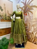 Pista Color Gold Crush Fabric Embroidery Work Lehenga