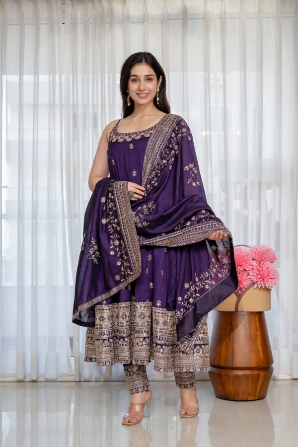 Purple Color Vichitra Silk Fabric Coding Embroidery Sequence With Jari Work Gown