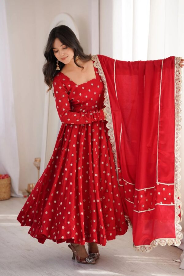 Rakhi Special Red Color Chinon Silk Fabric Thread With Sequence Work Anarkali Suit