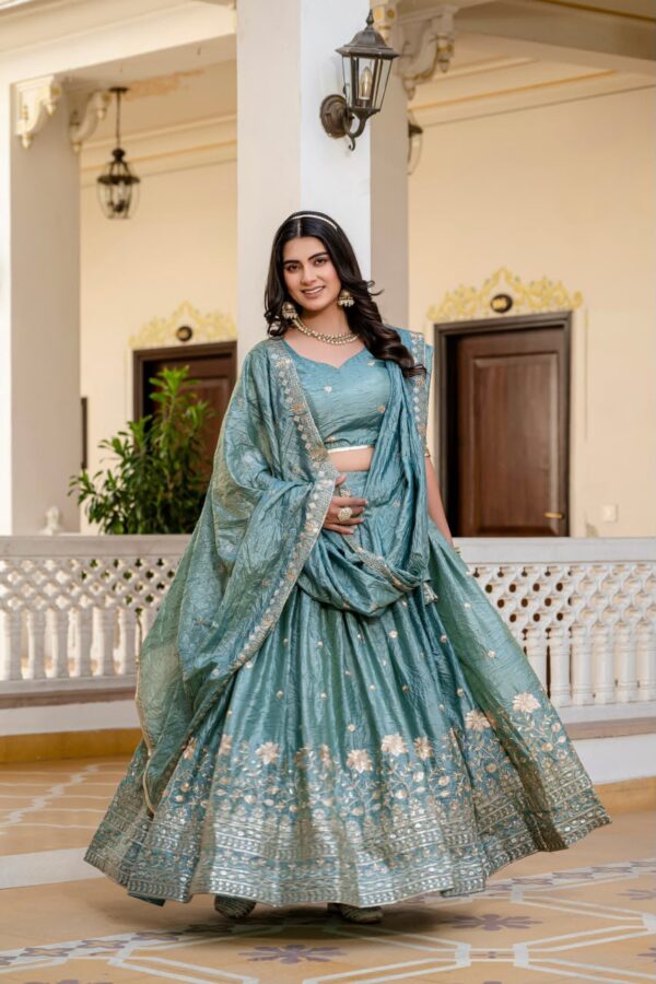 Rama Color Gold Crush Fabric Embroidery Work Lehenga