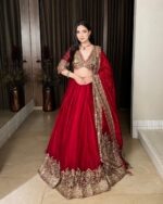 Red Color Chinon Fabric Coding With Sequence Work Lehenga