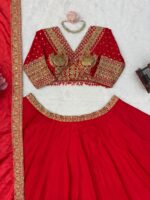 Red Color Chinon Fabric Coding With Sequence Work Lehenga