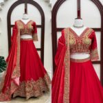 Red Color Chinon Fabric Coding With Sequence Work Lehenga