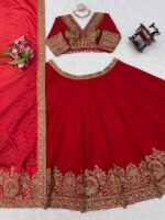 Red Color Chinon Fabric Coding With Sequence Work Lehenga