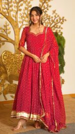 Red Color Faux Georgette Fabric Digital Print Work Anarkali Suit