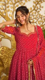 Red Color Faux Georgette Fabric Digital Print Work Anarkali Suit