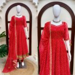 Red Color Faux Georgette Fabric Digital Print Work Anarkali Suit