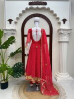 Red Color Faux Georgette Fabric Digital Print Work Anarkali Suit