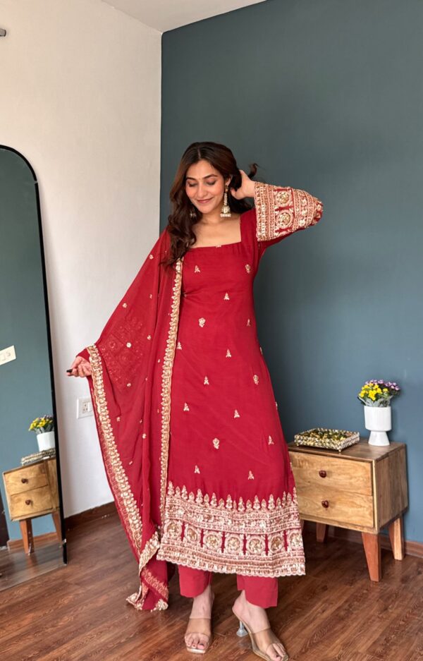 Red Color Faux Georgette Fabric Sequence Work Suit