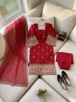 Red Color Faux Georgette Fabric Sequence Work Suit