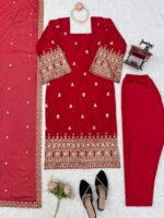 Red Color Faux Georgette Fabric Sequence Work Suit