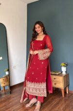 Red Color Faux Georgette Fabric Sequence Work Suit