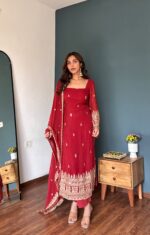 Red Color Faux Georgette Fabric Sequence Work Suit