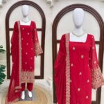 Red Color Faux Georgette Fabric Sequence Work Suit