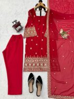 Red Color Faux Georgette Fabric Sequence Work Suit