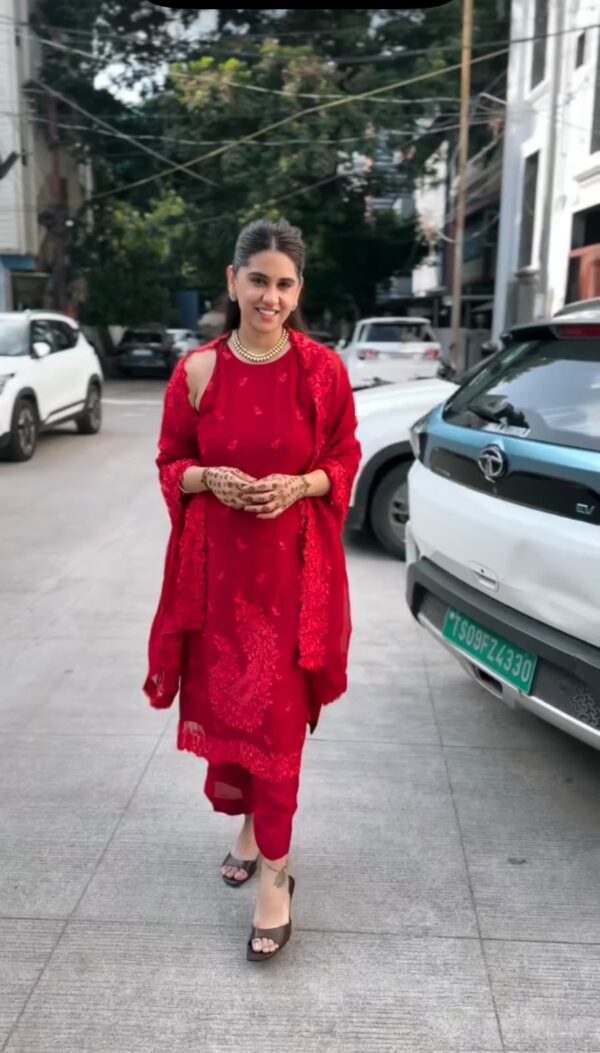 Red Color Faux Georgette Fabric Thread Work Palazzo Suit