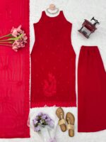 Red Color Faux Georgette Fabric Thread Work Palazzo Suit
