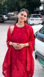 Red Color Faux Georgette Fabric Thread Work Palazzo Suit