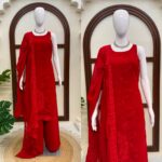 Red Color Faux Georgette Fabric Thread Work Palazzo Suit