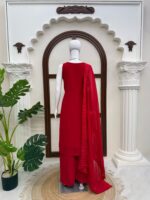 Red Color Faux Georgette Fabric Thread Work Palazzo Suit