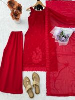 Red Color Faux Georgette Fabric Thread Work Palazzo Suit