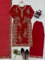 Red Color Roman Silk Fabric Sequence With Pearl Work Palazzo Suit