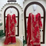 Red Color Roman Silk Fabric Sequence With Pearl Work Palazzo Suit
