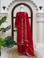 Red Color Roman Silk Fabric Sequence With Pearl Work Palazzo Suit