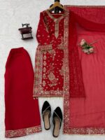 Red Color Roman Silk Fabric Sequence With Pearl Work Palazzo Suit