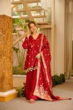 Red Color Satin Silk Fabric Weaving Work Palazzo Suit