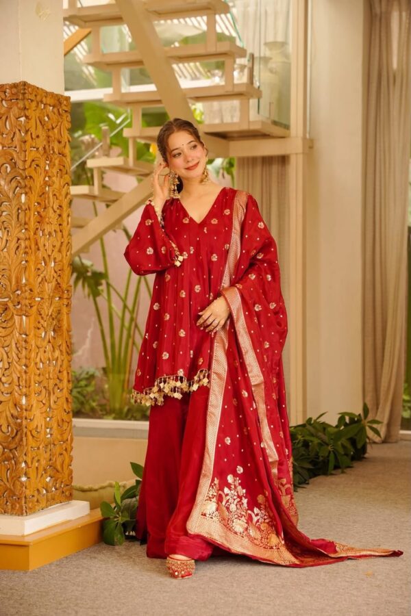 Red Color Satin Silk Fabric Weaving Work Palazzo Suit